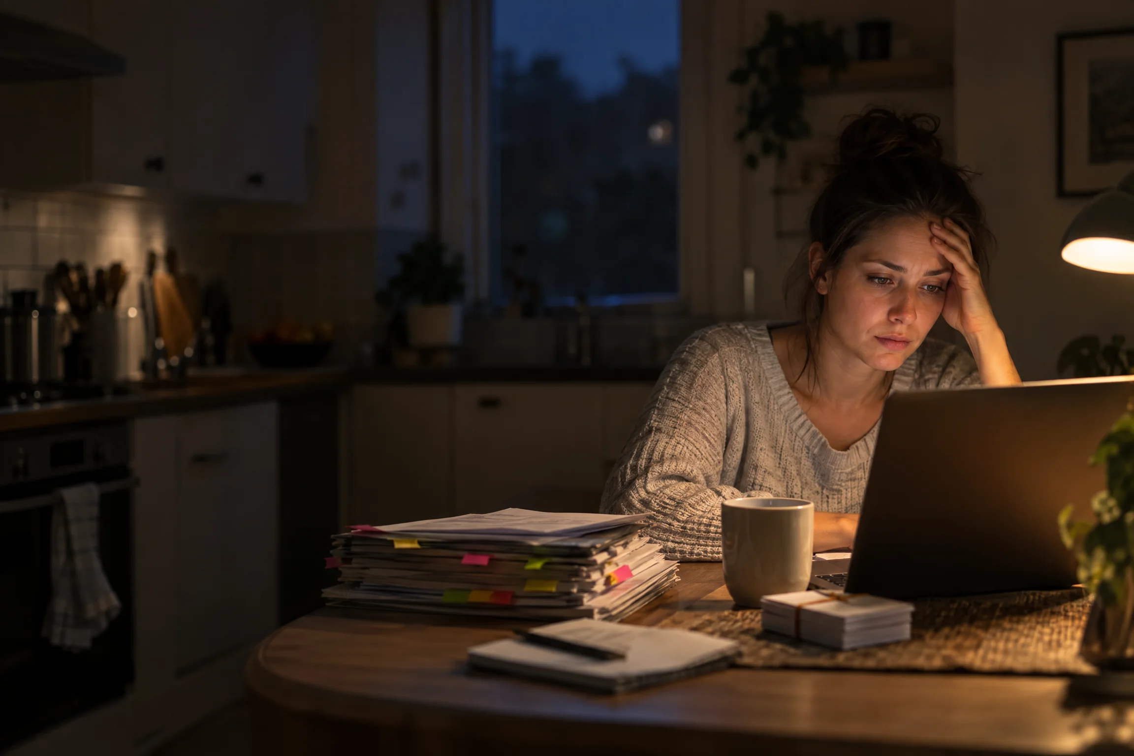 A candidate studying at her kitchen table at night